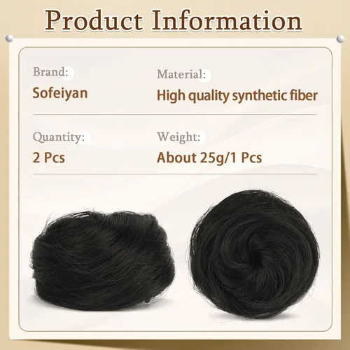 Miniatura 2 de SOFEIYAN - 2 extensiones de moño con clip de pinza para cabello rizado en forma de dona, accesorio de peluca con orejas de gato desordenadas, Negro