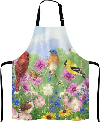 Delantal con diseño de pájaros y flores y mariposas con cuello ajustable para hombres y mujeres, adecuado para el hogar, cocina, camarera, chef,
