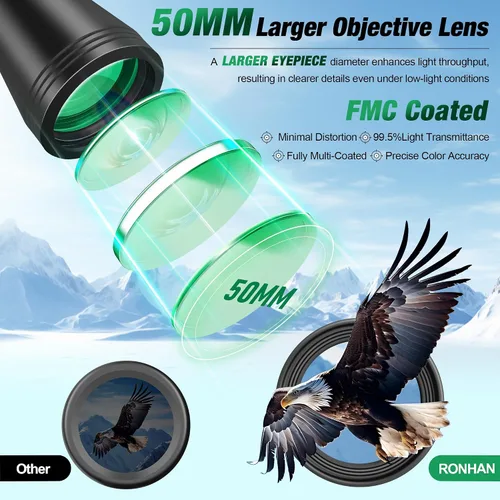 Miniatura 2 de RONHAN Prismáticos para adultos de alta potencia, militares HD profesionales/diarios, impermeables, 20x50, para observación de aves, viajes, caza