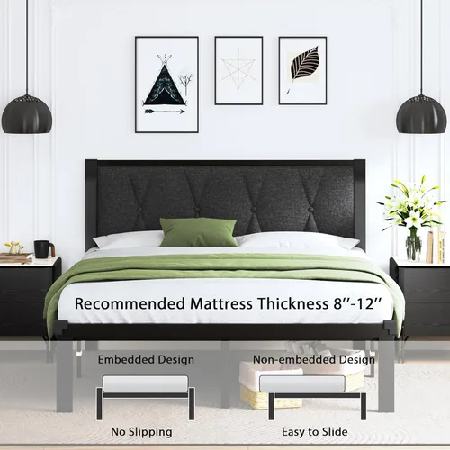 Miniatura 8 de Feonase Base de cama de metal de tamaño completo con cabecera capitoné con botones de tela, base de cama de plataforma con listones de metal