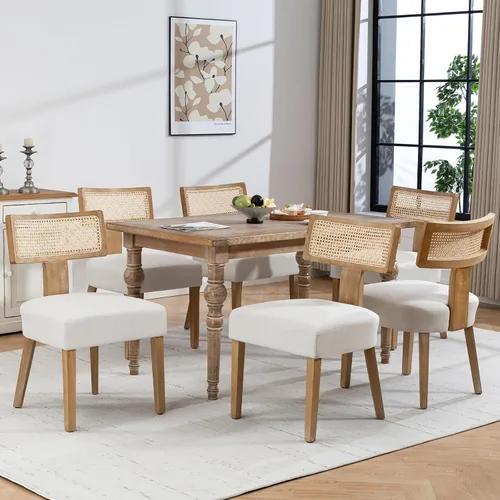 Miniatura 29 de Juego de 4 sillas de comedor, sillas de cocina de tela tapizada en madera, silla acolchada de lino sin brazos con respaldo curvo acentuado