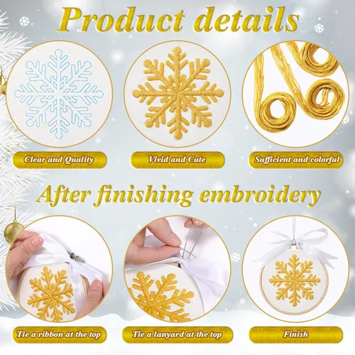 Miniatura 3 de Roowest Juego de 6 juegos de bordado de Navidad para principiantes y adultos, diseño de copo de nieve de invierno, bordado de punto de cruz, kit