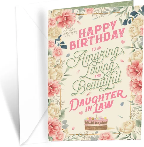 Prime Greetings Tarjeta de cumpleaños para nuera, hecha en Estados Unidos, ecológica, cartulina gruesa con sobre premium de 5 x 7.75 pulgadas,