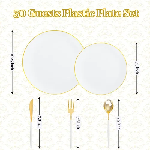 Miniatura 7 de DaYammi Juego de 150 platos de plástico dorado con cubiertos desechables, juego de vajilla desechable de oro blanco, 30 platos llanos, 30 platos