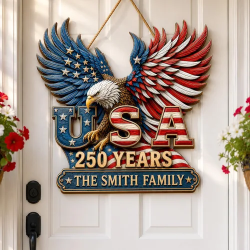 Miniatura 31 de NAZENTI Letrero personalizado para puerta del 4 de julio con nombre familiar, coronas de puerta personalizadas para 250 aniversario de Estados