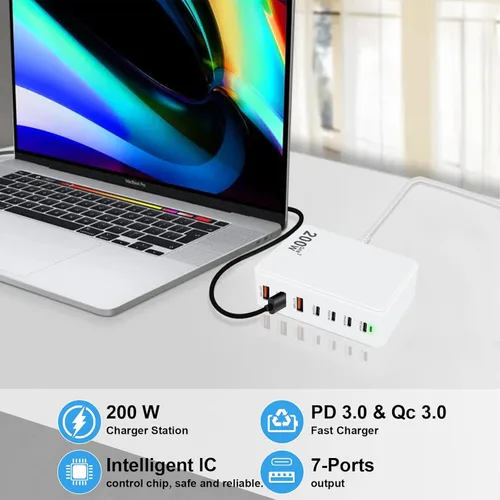 Miniatura 5 de Cargador USB C de 200 W, cargador USB C, concentrador de estación de carga rápida de 7 puertos GaN mejorado, adaptador de cargador para laptop, 200W