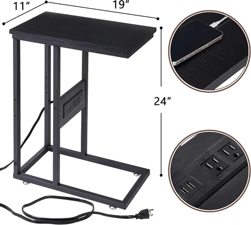 Miniatura 3 de VECELO Mesa auxiliar en forma de C con estación de carga y tomas de corriente para sofá, cama, bandeja de TV con marco de metal para sala de estar