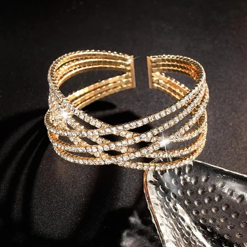 Miniatura 5 de Suyi Pulsera de Diamantes de Imitación Brazalete Dorado Multicapa para Mujer Pulseras de Cristal Nupciales