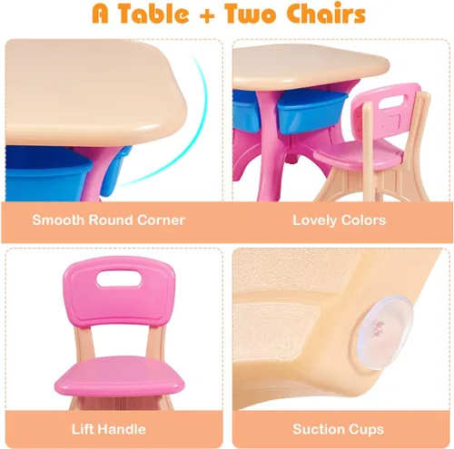 Miniatura 6 de Honey Joy Juego de mesa y silla para niños, mesa de actividades de plástico para niños y 2 sillas con contenedores de almacenamiento, juego de Rosa