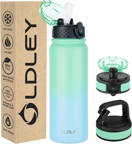 Miniatura 34 de Botella de agua aislada Oldley de 12 oz con pajita, botella de agua de acero inoxidable con 2 tapas, botellas de doble pared con vacío para adultos