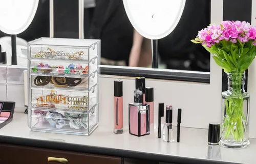 Miniatura 2 de Cajón de plástico con 5 cajones de diferentes tamaños, organizador de accesorios para el cabello gris claro transparente, organizador de baño