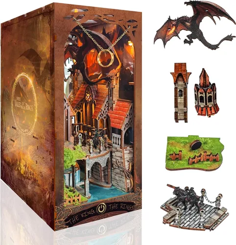 Miniatura 5 de Kit de rincón de libros con luces LED, casa de muñecas en miniatura 3D, rompecabezas de madera para adultos, decoración de sujetalibros, ideal