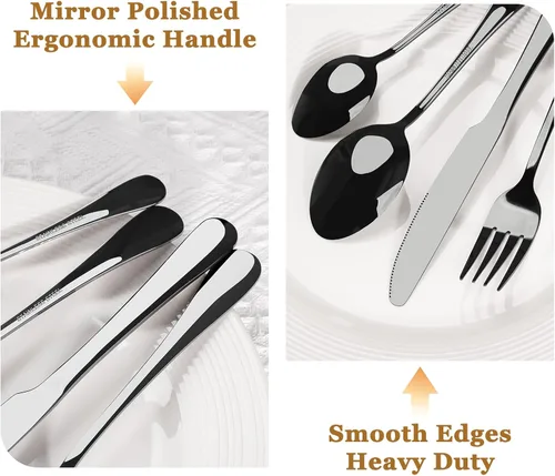 Miniatura 3 de Juego de cubiertos Astercook de 48 piezas en negro con cuchillos de carne, juego de cubiertos de acero inoxidable de grado alimenticio con acabado