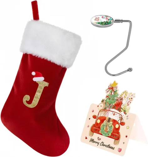 Miniatura 13 de Calcetines de Navidad personalizados con monograma, con inicial familiar, 20 pulgadas, puño de felpa blanca supersuave con cuerpo de terciopelo rojo
