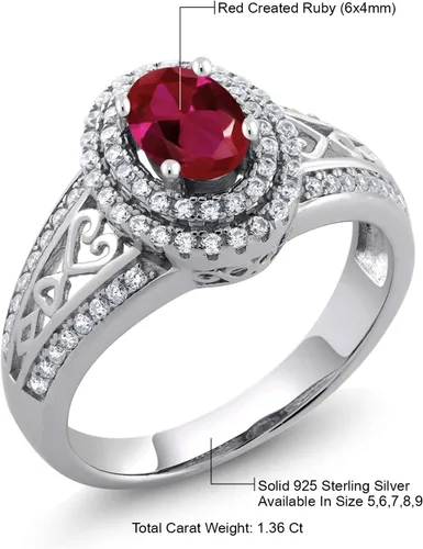 Miniatura 5 de Anillo de compromiso con halo de piedra preciosa y piedra natal en plata chapada en oro amarillo de 18 quilates, ovalado, 0.236 x 0.157 pulgadas