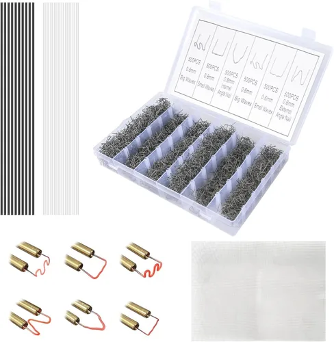 Kit de soldadura de plástico: 3000 grapas de soldadura en caliente, 1 malla de reparación, 10 varillas de soldadura de polipropileno negro y 10 3021