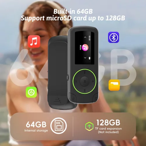 Miniatura 6 de Reproductor MP3 deportivo de 64 GB con clip y Bluetooth - Reproductor de música superligero con clip y auriculares, soporte MicroSD, repetición A-B