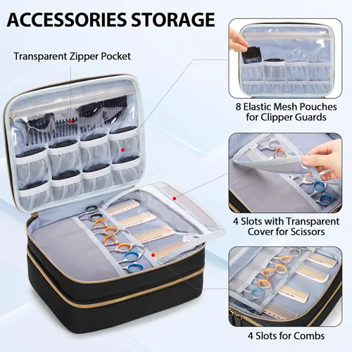 Miniatura 4 de CURMIO Estuche de transporte de viaje para cortapelos de doble capa, organizador de suministros de peluquería, bolsa de almacenamiento compatible