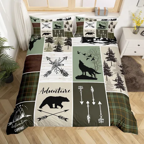 Miniatura 32 de Juego de funda de edredón para niños de ciervo, oso, lobo, tamaño individual, juego de ropa de cama de cabaña de aventura para niños, niñas