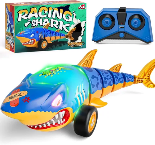 suangrc Juguete de coche de tiburón RC para niños, tiburón de control remoto de 2.4 GHz con cola oscilante, juguete de tiburón con luces LED,