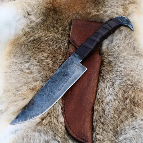 Miniatura 2 de Cuchillo Odin's Raven estilo vikingo nórdico de 10.3" - Hoja de acero al carbono forjada a mano de 6.5", empuñadura con cabeza de cuervo y funda