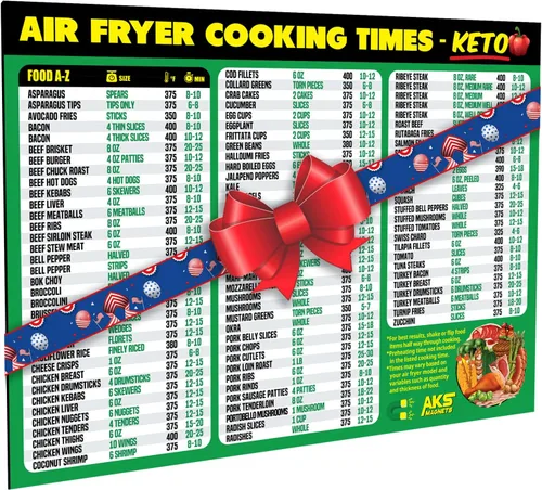 Imán con hoja de referencia de la freidora de aire, Edición Keto - Tabla de tiempos de cocción de la freidora de aire para 100 alimentos keto - Guía