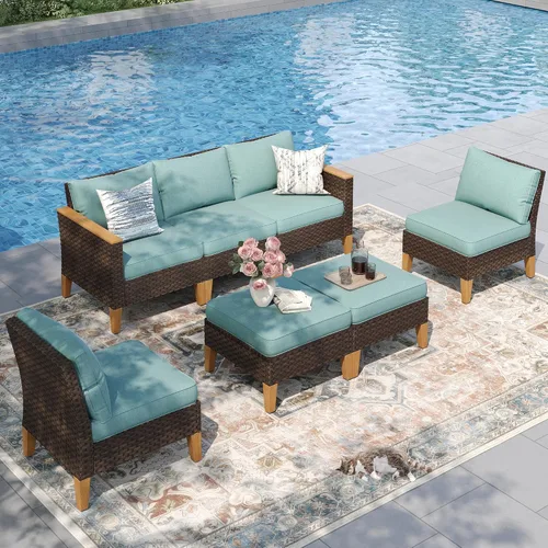 Miniatura 28 de PHI VILLA Otomana de mimbre para patio, 2 piezas, asiento otomano de mimbre para todo tipo de clima, reposapiés para exteriores con cojines
