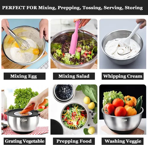 Miniatura 4 de Wildone Cuencos para mezclar con tapas herméticas, 22 piezas cuencos de acero inoxidable anidables, con 3 accesorios para rallar, marcas de escala
