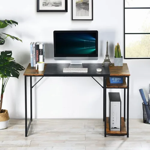 Miniatura 4 de FurnitureR Escritorio para computadora con estantes para espacios pequeños, escritorio simple para oficina en casa, escritorio de estudio, Marrón