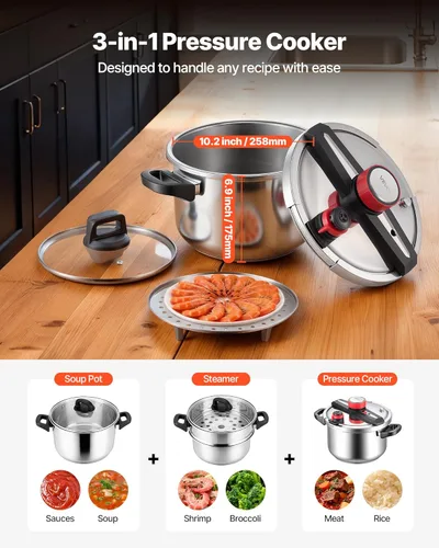 Miniatura 2 de VEVOR Olla a presión, olla a presión de 10 cuartos de galón, acero inoxidable, recipiente a presión con estante para vapor, tapa de vidrio templado