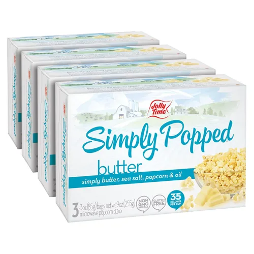 JOLLY TIME Simply Popped | Palomitas de maíz naturales para microondas, aceite de palma y granos de maíz pop sin OMG (caja de 3 unidades, paquete de