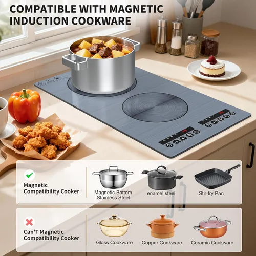 Miniatura 4 de VBGK Placa de cocción de inducción, placa caliente de doble quemador de 110 V 2300 W con control táctil LED, 9 niveles de potencia, bloqueo