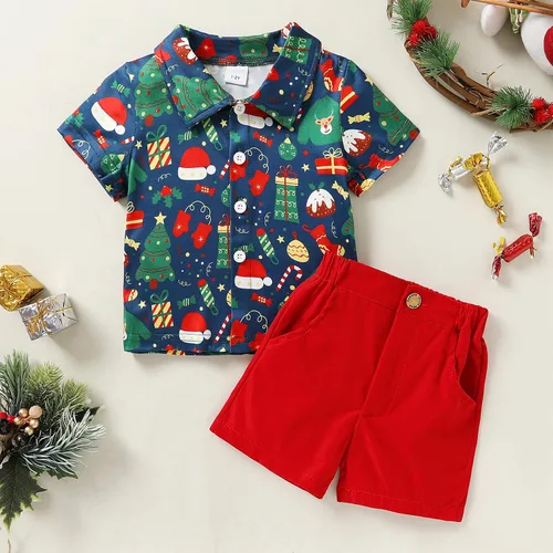 Miniatura 2 de JEELLIGULAR Conjunto de pantalones cortos y camisa con botones y estampado de Papá Noel para niños pequeños