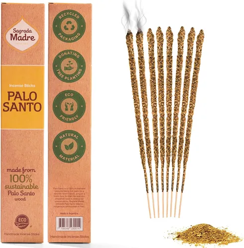Sagrada Madre 8 varillas de incienso de Palo Santo gruesas cosechadas salvajemente (a base de plantas), 9 pulgadas de largo, ecológicas, no tóxicas,