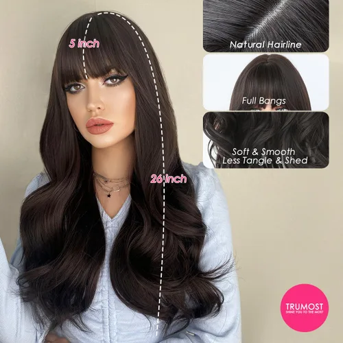 Miniatura 3 de Peluca larga negra ondulada para mujer, peluca sintética de color oscuro con flequillo, resistente al calor, de aspecto natural, sin pegamento