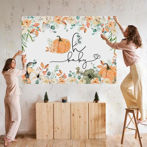Miniatura 5 de Mocsicka Telón de fondo de calabaza para baby shower, otoño, calabaza, baby shower, decoración de fiesta, cartel Oh Baby para revelación de género