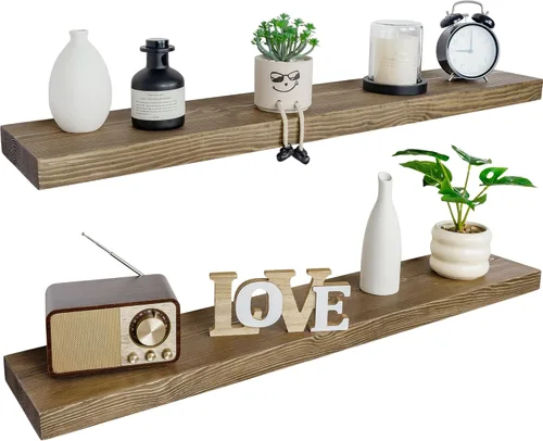 Miniatura 58 de BGMG Estantes flotantes de madera de 12 pulgadas, estantes flotantes negros, estantes de pared de madera maciza para baño, sala de estar