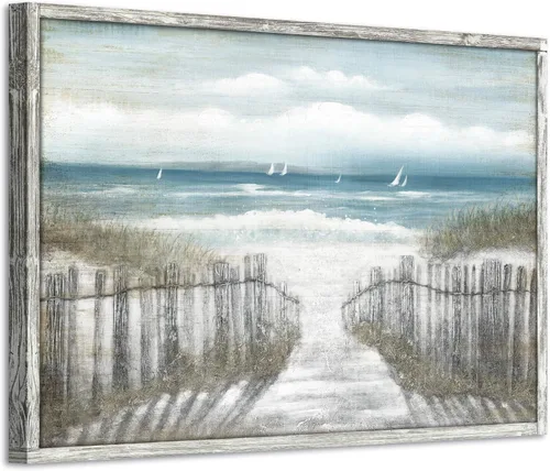 Miniatura 14 de Lienzo decorativo para pared, camino de playa: camino de arena con pintura de valla a la costa, impresiones artísticas para baño