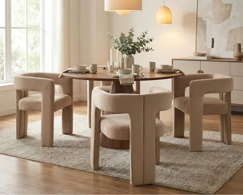 Miniatura 14 de CIMOTA Juego de 2 sillas de comedor modernas de barril, sillas acentuadas tapizadas en tela de lino con brazos/patas de madera/espalda abierta