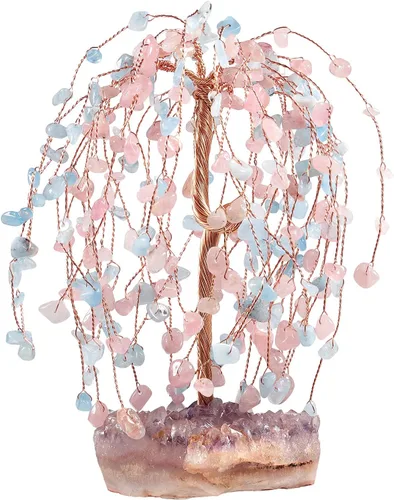 mookaitedecor Árbol de cristal natural de cuarzo rosa y aguamarina con base de cristal de racimo de amatista, figura de árbol de dinero bonsái de