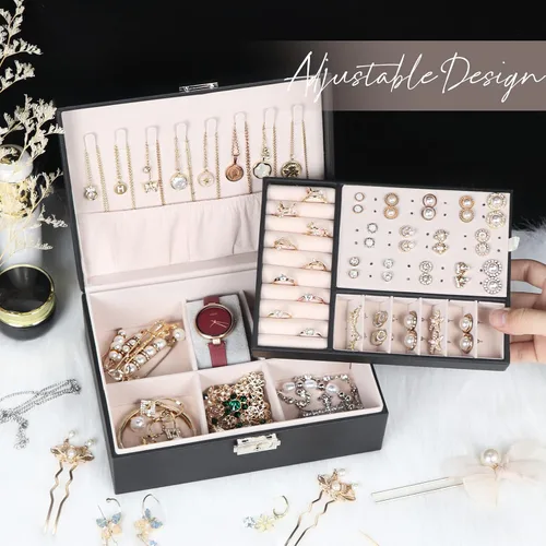 Miniatura 19 de Joyero para mujeres y niñas, contenedor organizador de joyas de 2 capas con cerradura, estuche de almacenamiento de piel sintética con bandeja
