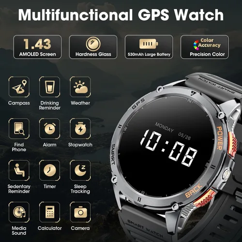 Miniatura 6 de Relojes inteligentes militares para hombres con GPS, reloj inteligente AMOLED Bluetooth de 1.43 pulgadas con linterna LED, reloj inteligente