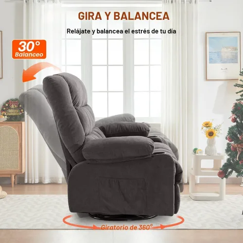 Miniatura 4 de Silla reclinable de masaje de 8 puntos con función mecedora calefactada para adultos, reclinable de gran tamaño con bolsillo lateral, 2 portavasos