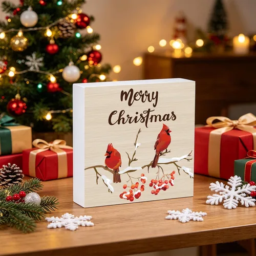 Miniatura 5 de Decoraciones navideñas para interiores, decoración de Navidad, mesa, hogar, habitación, cardenales, oficina, baño, caja de madera, letrero de madera