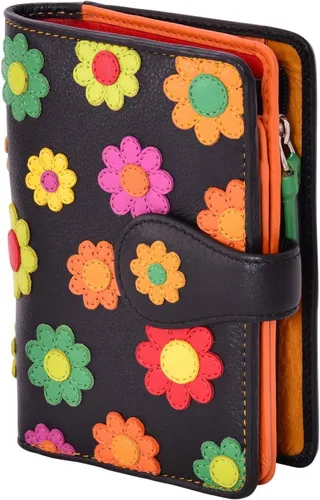 Visconti DAISY COLLEC - Cartera plegable para mujer, diseño floral, multicolor, color negro, talla M, Negro -, Billetera plegable