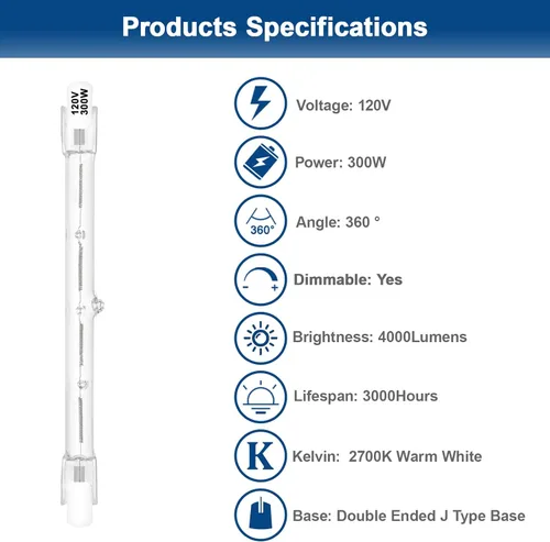 Miniatura 3 de Bombillas Halógenas R7S 300W Regulables 120V 118mm T3 Tipo J Foco Reflector con Larga Vida, 2700K Luz Blanca Cálida Lineal de Doble Extremo