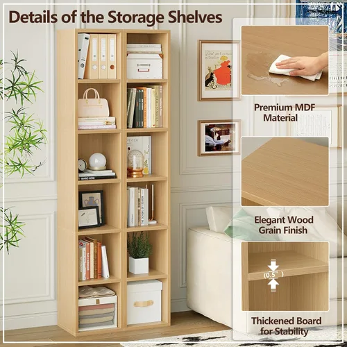 Miniatura 6 de ALISENED 70.8" 6 Tier Tall Narrow Bookshelf, 6 Shelf Wooden Corner Bookcase, Modern Skinny Cubes Storage Organizer Display Shelving for Bedroom