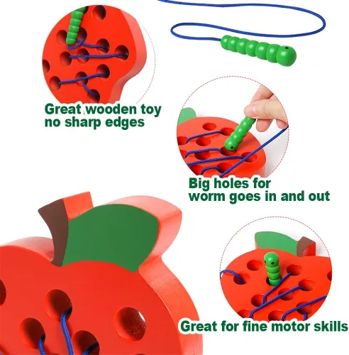 Miniatura 6 de Juguetes de cordones para niños pequeños, juguetes de viaje para bebés de madera con roscado de manzana, educación Montessori, aprendizaje