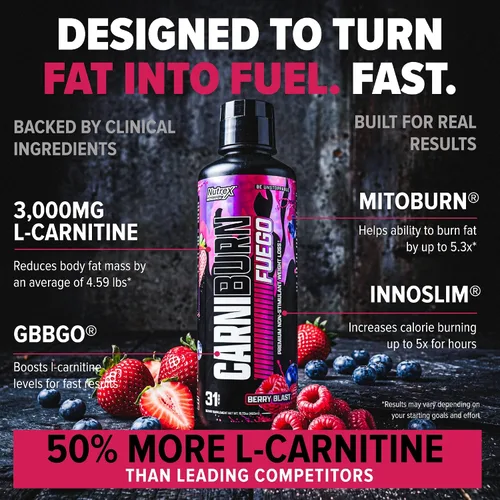 Miniatura 2 de Nutrex Research CARNIBURN Advanced L Carnitina líquida 3000mg con MitoBurn, InnoSlim y GBBGO (31 porciones, Berry Blast)