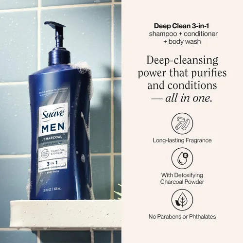 Miniatura 2 de Suave Men Champú 3 en 1 de limpieza profunda, acondicionador y gel de baño con polvo de carbón, desintoxica y limpia el cabello y la piel, elimina